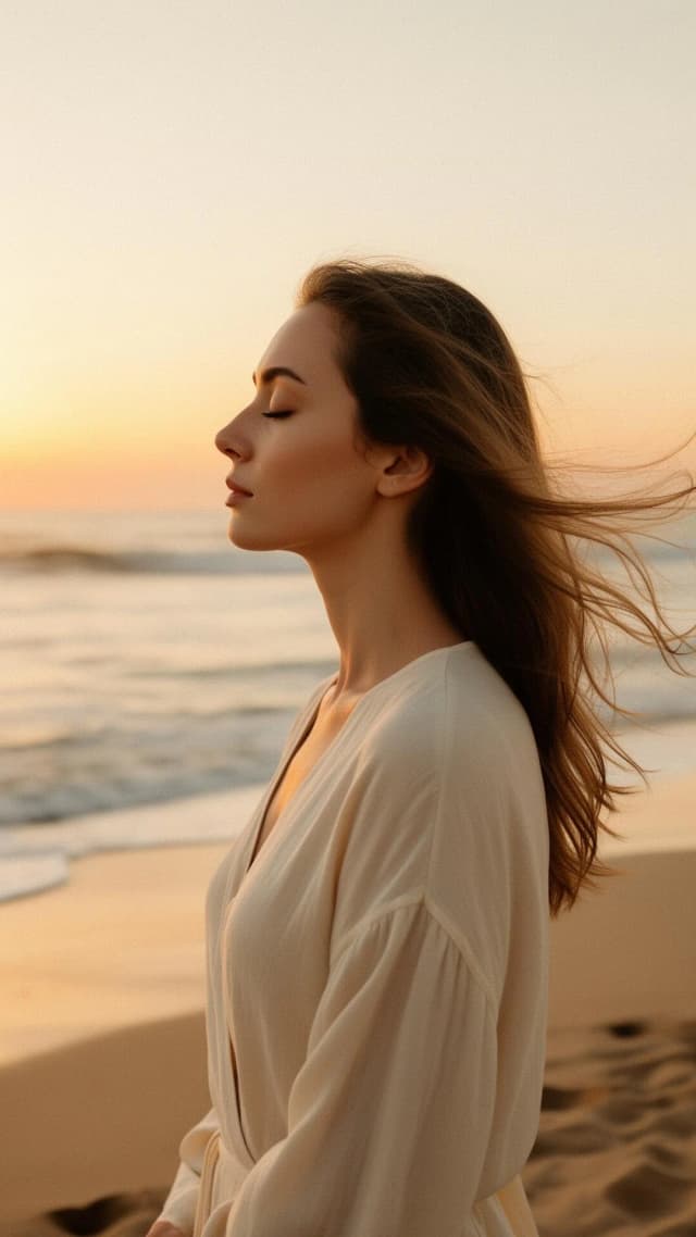 Femme en méditation au coucher du soleil